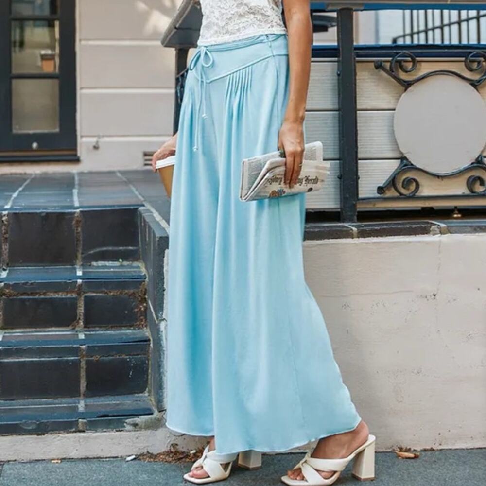 Cupshe Light Blue Pintuck Wide-leg Jersey Pants Medium NWT Boho Casual Vacation - Picture 3 of 13